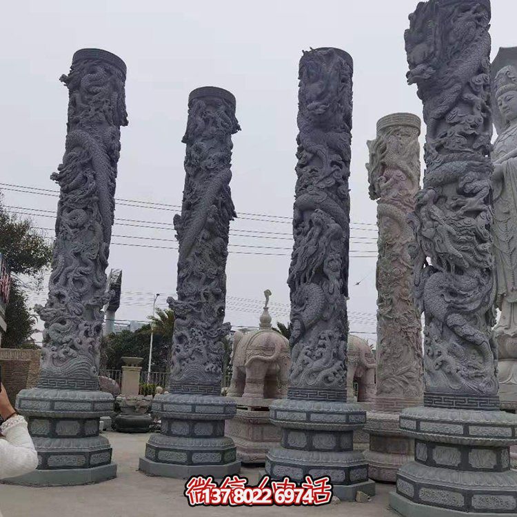 青石浮雕龍柱，精美石雕園林景觀裝飾