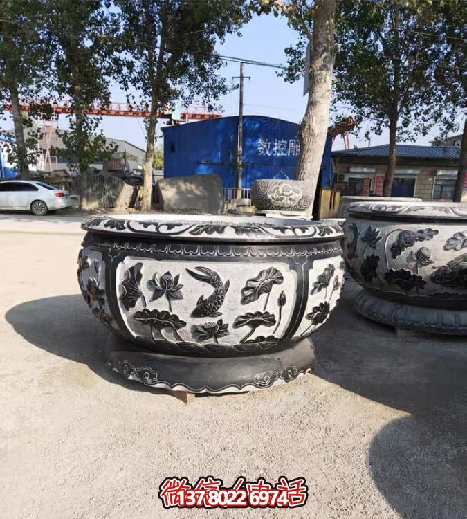 古典仿古石雕魚缸，添點家園庭院荷花水景