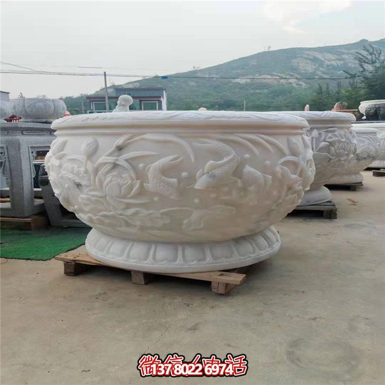 古典經典，漢白玉鯉魚雕刻圓形水缸