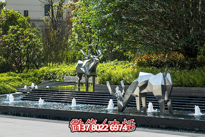 景區創意不銹鋼喝水的幾何鹿雕塑 景區創意不銹鋼喝水的幾何鹿雕塑